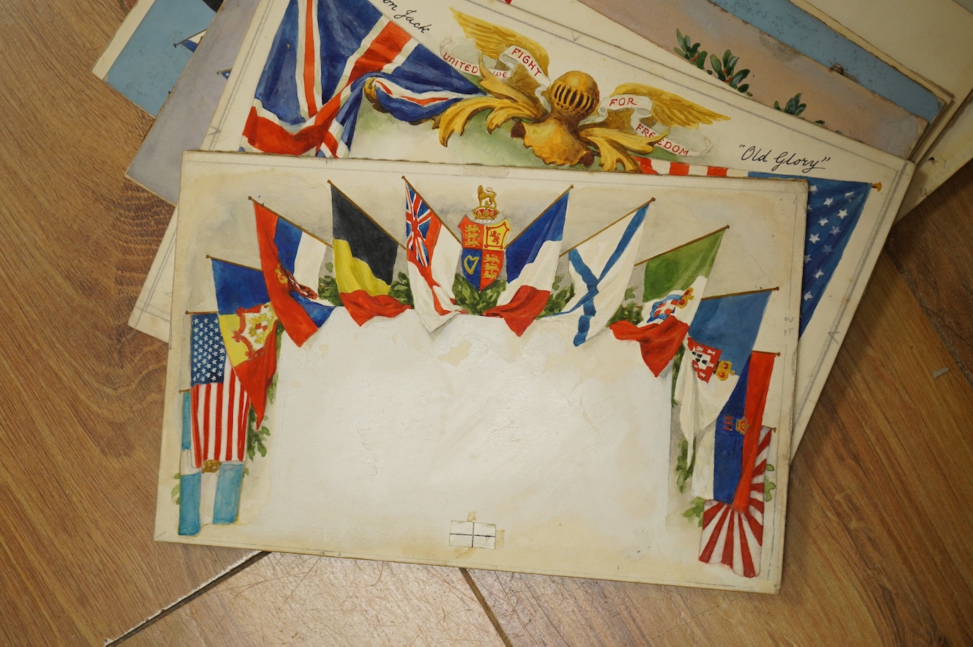 Charles Thomas Howard (1865–1942), nine original watercolours for patriotic postcard designs, WWI Flags of the Allied Nations, unframed, largest 14 x 23cm. Condition - fair